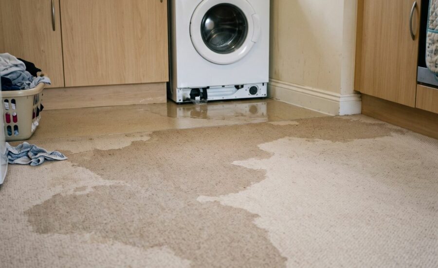 a light-coloured carpet in a modest apartment kitchen immediately after a washing machine leak