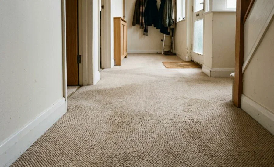 beige-coloured Axminster carpet in a London apartment hallway